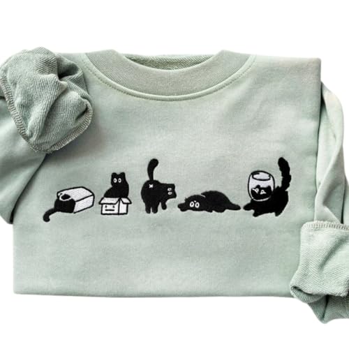 Lovely Black Cat Embroidered Sweatshirt, Embroidered Cat T-Shirt, Sweatshirt, Hoodie, Shrimp Shirt, Funny Sweater