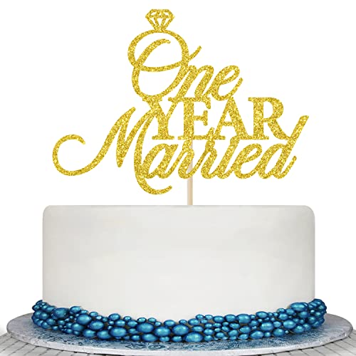 Gold Glitter One Year Married Cake Topper - 1st Wedding Anniversary Cake Topper - Happy 1st Anniversary, One Year Anniversary Party Decorations