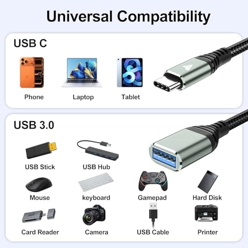 Image of DR VAKU MAXPORT Type C to USB A 3.0 OTG Adapter Connector Fast Charging Data Transfer Cord Speed Upto 10 GBPS Nylon Braided Cable for iPhone 17 /15 /16 Laptops, Smartphone & Other Type C Devices- Black