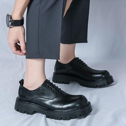 Image of Men's Polishing Leather Lace-Up Chunky Heels Oxfords Lug Sole Fashion Round Toe Formal Business Shoes Comfortable Non-Slip Walking Sneakers