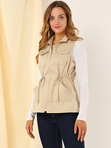 Allegra K Women's Utility Sleeveless Casual Drawstring Zipper Cargo Vest Medium Khaki #TOP2