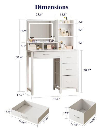 Image of Kitsure Vanity Desk with Mirror and Lights, Large Capacity, Fabric Drawers | Bedroom, Teens & Women, 3 Light Modes, 4 Fabric Drawers, 35 inchD x 17 inchW x 52 inchH, White