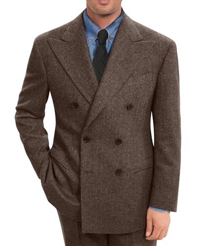 Image of Retro 2 Piece Men Suit Double Breasted 2 Button Tweed Wool Jacket Men Classic Dark Brown Suit Party Dinner Tuxedo Mens S