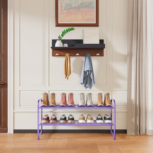 Image of 2 Pack Shoe Rack, 2-Tier Metal Stackable Shoe Shelf Storage Organizer, Heavy Duty Wire Shoe Stand for Entryway, Closet, Hallway, Holds 50 LBS, Purple