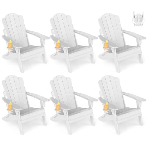 GREENVINES Oversized-Folding-Adirondack-Chairs-Set-of-6 | HDPE Plastic | Cup Holder | Fire Pit Chair | All Weather | for Outdoor Deck Backyard | White