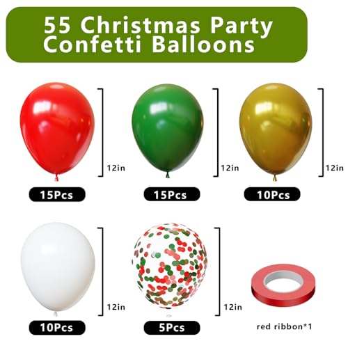 Image of HXBELTQ Christmas Balloons,55Pcs Red and Green Balloons, 12in Red Green Gold and White Balloon for Merry Christmas Theme Birthday Graduation Party Decorations