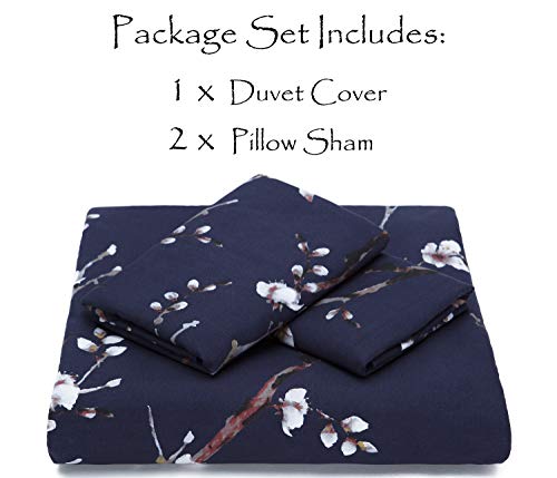 Chanasya Indigo Navy Cherry Blossom Duvet Comforter Cover Bedding Set King Size - Water Color Floral Print 3-Piece Set Elegant Sakura Tree Microfiber Printed Bedcover - Soft Lightweight Breathable #TOP3