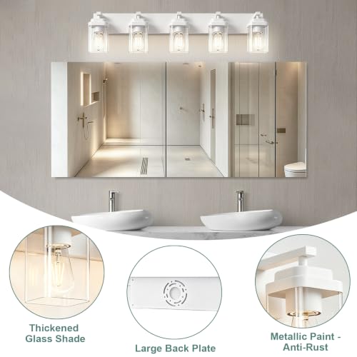 Image of White Bathroom Light Fixtures, 5 Lights Bathroom Lighting Fixtures Over Mirror, Square Design & Rectangle Large Backplate, Modern Vanity Lighting Fixtures, for Bathroom /Living Room /Bedroom