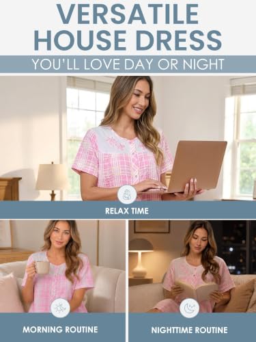 Image of Casual Nights Women's Snap - Front House Dress Short Sleeve Woven Housecoat Duster Lounger Robe with Pockets