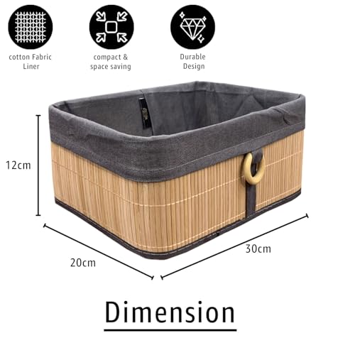 Image of LUXE HOME INTERNATIONAL Storage Basket Stripe Bamboo Box Eco-Friendly, Foldable & Lightweight Organizer (Beige, 30x20x12 cm, Pack of 2)