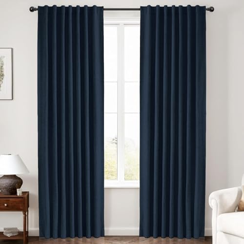 INOVADAY 100% Blackout Curtains 84 Inches Length 2 Panels Set, Back Tab/Rod Pocket Linen Black Out Curtains for Bedroom, Thermal Insulated Window Drapes - Navy Blue, W50 X L84
