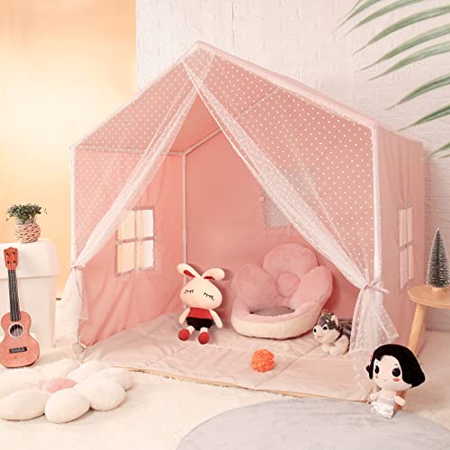 Kids Play Tent with Non-Slip Mat, Star Lights, Dots Curtains Large Playhouse with Windows, Machine Washable, Indoor and Outdoor Castle Play Tent for Kids, Girls, Pink, 51