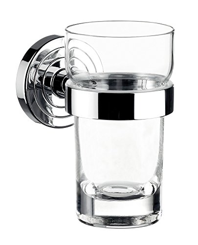 EMCO Polo Glashalter mit 1 Glas, eleganter Zahnbürstenhalter zur Wandmontage, hochwertiger Zahnputzbecher aus Metall und Kristallglas, chromfarben und klar, Edelstahloptik