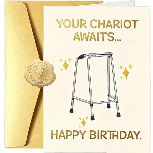 Funny 3D Birthday Card for Senior, Your Chariot Awaits Humorous Birthday Greeting Card for Dad, Grandpa, Men & Women, Blank Inside with Gold Envelope