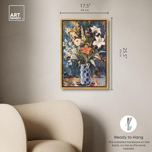 Image of Art Remedy Blue Floral Vase Canvas Floral Vase Wall Art, Gold Frame, 16 inch x 24 inch