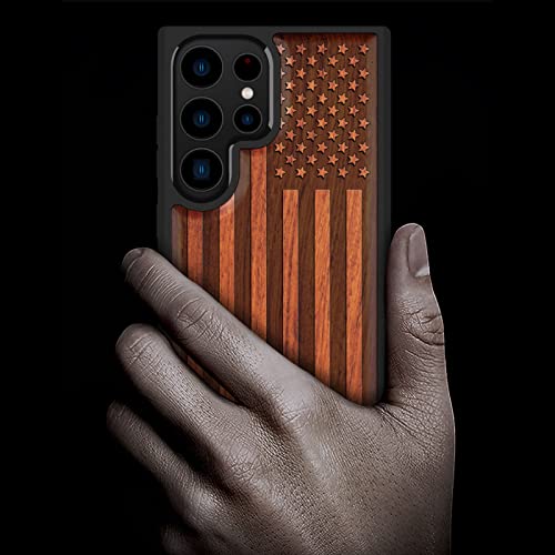 Image of Carveit Wood Case for Galaxy S23 Ultra, The Classic American Flag-Rosy | Samsung Galaxy S23 Ultra Cover, Unique Wooden Design, Engraved Wood with TPU Shockproof Bumper, Wireless Charging Compatible