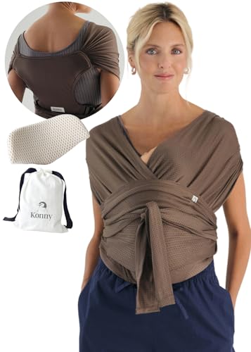 Konny Baby Carrier Flex AirMesh with Head Support - Adjustable, Easy to Wear, Hands-Free Breathable Baby Wrap Sling, Perfect for Newborn Babies Essentials up to 44 lbs (M-4XL) -Mocha