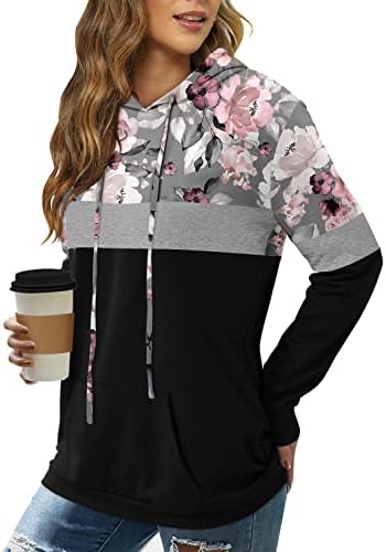 Angerella Floral Print Hoodie for Women Long Sleeve Flower Tops Shirts Pullover Hooded Sweatshirt with Pocket Rose L