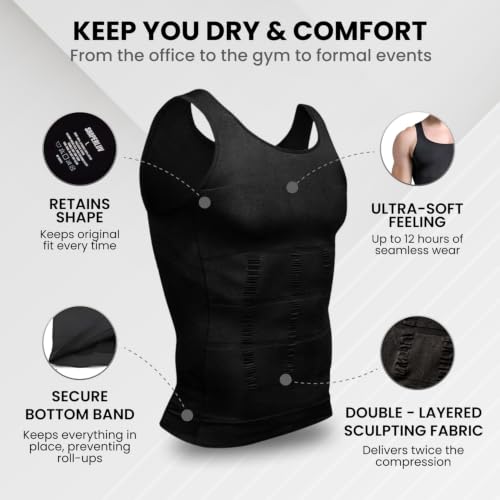 SHAPERLUV Mens Compression Tank Top – Sleeveless Body Shaper for Men, Slimming Shapewear Undershirt – Chest Compression Shirts with Back Support, Tummy Control Vest, Black, Medium, Pack of 1