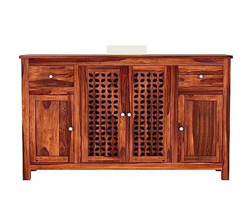 Image of Solid Sheesham Wood Wooden Sideboard Storage Cabinet & Chest of Drawer : Ideal for Living Room and Bedroom with 2 Drawers and 4-Shelf Storage (Mendes, Honey Finish)
