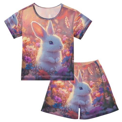 ALAZA Easter Flower Rabbit Bunny Flower Floral Pajamas Set Short Sleeve Cotton Sleepwear Summer Pjs 2 Piece 5-14Y