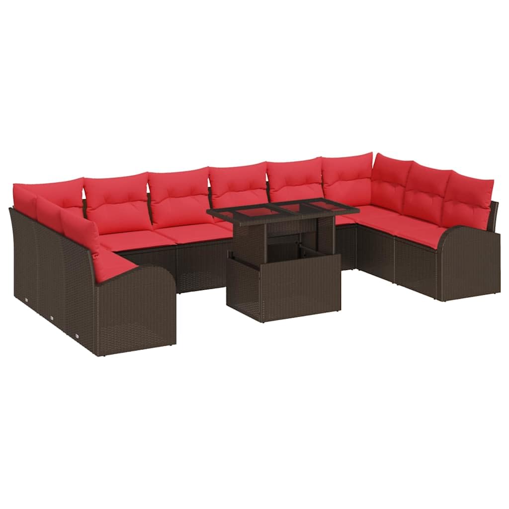 Set di divani da giardino in polyrattan, 11 pezzi, tavolo marrone | Salotto modulare per 10 persone per terrazza e balcone, rattan intrecciato resistente alle intemperie con cuscini rossi e