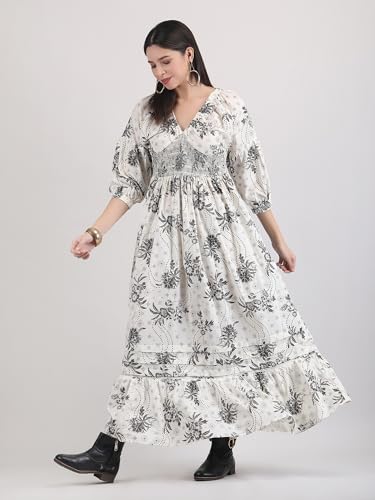 Image of Arayna Women's Casual Long Maxi Dress for Summer Wear, Urban Bohemian Floral Printed V Neck Smocked Outfit