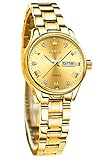 OLEVS Damenuhr Analog Quarz Armbanduhren mit Diamant Kleines Gesicht Gold Edelstahlband wasserdichte Day Date Uhr