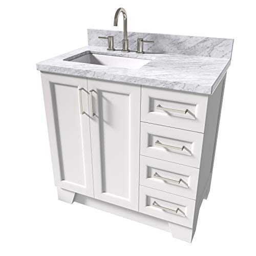 Ariel 37" Inch White Bathroom Vanity With 1.5" Inch Thick Edge Carrara Marble Countertop | Left Offset | Rectangle Sink | 2 Soft-Closing Doors | 5 Full Extension Dovetail Drawers | Satin Nickel #TOP3
