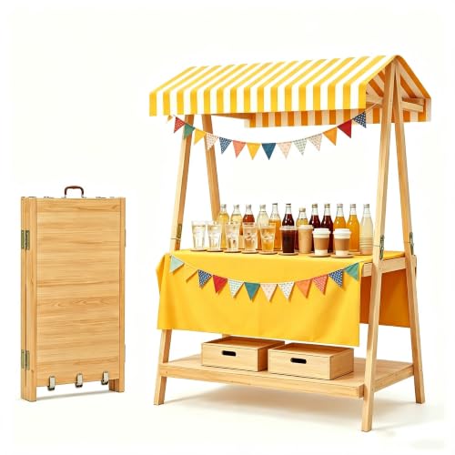 Portable Street Vendor Cart with Canopy, Wooden Farmer Market Display Stand