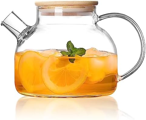 Glass Teapot Stovetop & Microwave Safe，Heatproof Borosilicate Glass Teapot Water Pitcher with Wooden Lid and Removable Filter, Teapot for Loose Leaf and Fruit Tea and Fragrant Tea (34OZ/1000ML)