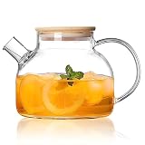 Glass Teapot Stovetop & Microwave Safe，Heatproof Borosilicate Glass Teapot Water Pitcher with Woode
