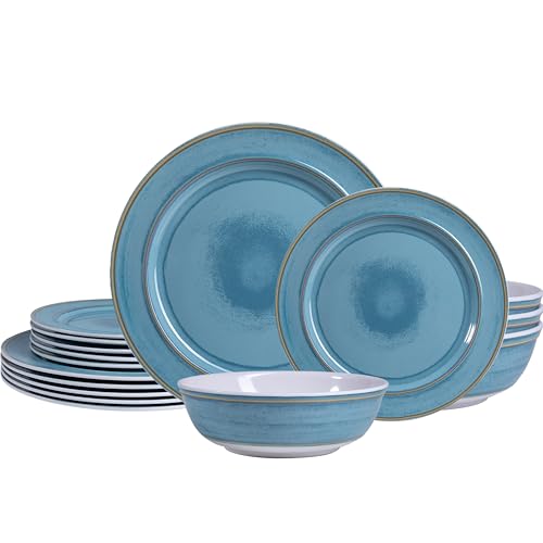 ZAROCRUS Melamine Dinnerware Sets,18 Piece Reactive Glaze like ceramic Dishes Set Service for 6,Nonbreakable and Lightweight Kitchen Plate and bowls Set, Great for Patio,Outdoors,RV,Camping