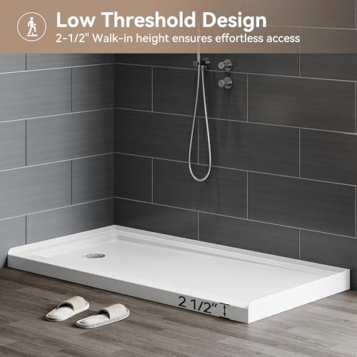 HOROW Shower Base 60\"L x 30\"W, White Single Threshold Shower Pan for Bathroom, Non-Slip Texture, Rectangle Acrylic Shower Base Pan with Stainless Steel Chrome Drain, Left Drain Location