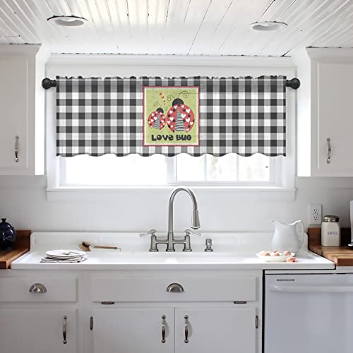 Sheer Valance, Valentine's Day Love Ladybug Heart Valance Curtains For Kitchen Bathroom, Black White Check Voile Window Curtain Tier Linen Semi Window Treatment Rod Pocket Valance, 1 Panel 54X18 Inch #TOP4