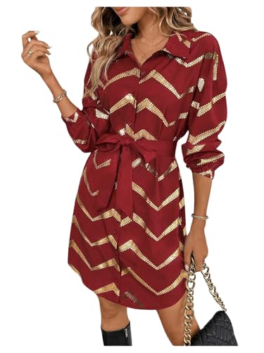 Image of SweatyRocks Women's Metallic Gold Long Sleeve Dresses Collar Shirtdress Casino Night Party Outfit