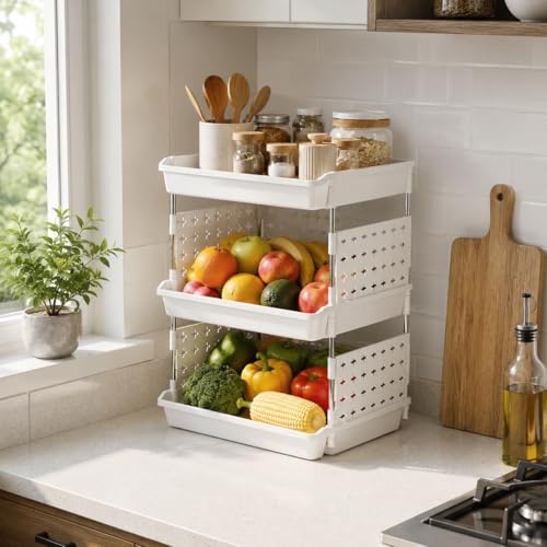 Image of JD Fresh 3 Tier Plastic Storage Drawer Organizer /Stackable Kitchen Organiser Rack /Breathable Design Shelf Storage Stand /Multipurpose Storage Rack for Kitchen, Office, kids room and Pantry (White)