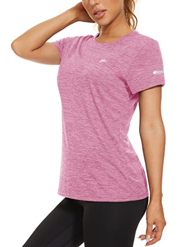 KEFITEVD Ladies Short Sleeve Running Top Polyester Breathable Yoga Top Women's Gym T-Shirts Lightweight Crew Neck,Pink,M