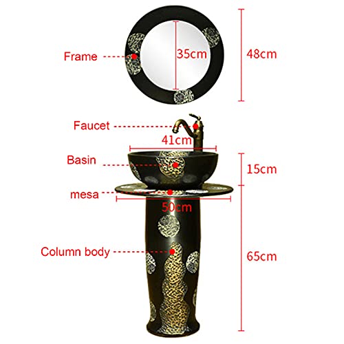 Yrra Oval Bathroom Basin Sink, Pedestal Bathroom Sink Ceramic Basin Sink And Pedestal Lavatory Sink For Indoor And Outdoor,Black,With Mirror #TOP4