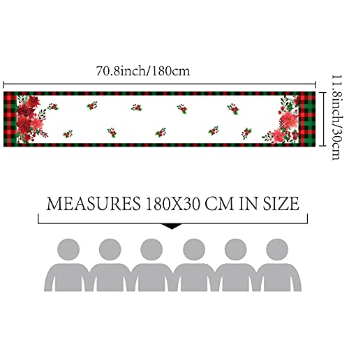CREATCABIN Christmas Table Runner Poinsettia Red Green Black Check Plaid Washable Cotton Linen Dresser Decor for Xmas Family Dinner Party Wedding Table Runners Decoration 70.8 x 11.8inch - Image 2