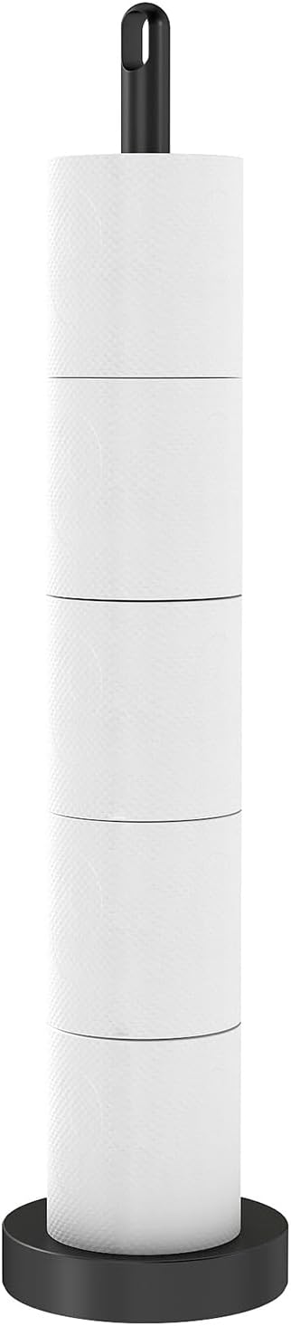 Toilet Paper Holder Stand, Free Standing Tissue Paper Roll Storage Holder with Reserve for Bathroom Countertop with Stainless Steel Heavy Weighted, 1Pack Matte Black