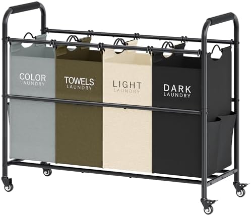 Tajsoon 4 Bag Laundry Sorter Cart, 4 Section Laundry Hamper Sorte...