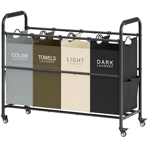 Tajsoon 4 Bag Laundry Sorter Cart, 4 Section Laundry Hamper Sorter with Heavy Duty Lockable Rolling Wheels, Laundry Separator Hamper with Removable Bags for Dirty Clothes Storage, 4 Colors by Tajsoon - Used condition - US$39.99