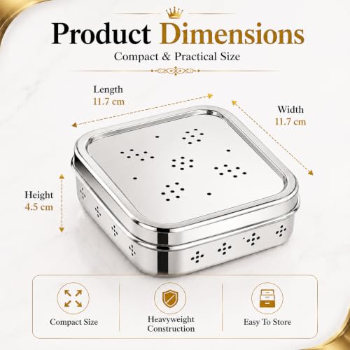 Image of Kanshita's Rasoiware Stainless Steel Coriander Storage Container with Ventilated Lid, Food Grade Kitchen Storage Box for Coriander, Mint, Curry Leaves & Spices, 11.7 x 4.5 cm, Set of 1