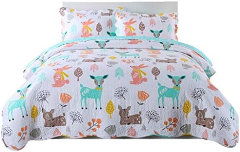 100% Cotton 2 Piece Kids Quilt Bedspread Comforter Set Throw Blanket for Teens Boys Girls Kids Beds Bedding Coverlet Teal Blue Forest Deer (Full)