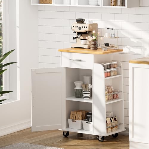 SUNLEI Kitchen Island with Storage Cart Table Rolling Butcher Block Cabinets Small on Wheels Portable Drawers Mobile Moveable Narrow Wood Side Floating Spaces White