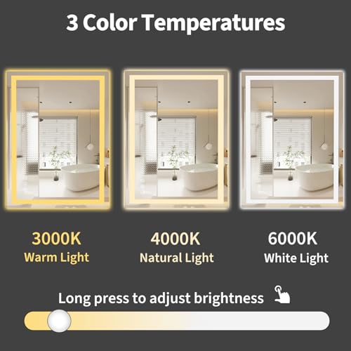 Image of Koonmi 32x24 LED Bathroom Mirror, Backlit + Front Lit, LED Bathroom Mirror with Lights for Wall, 3 Colors, Anti-Fog, Dimmable Brightness, Memory Function, Tempered Glass