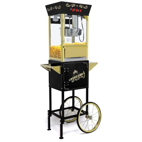 Image of Commercial Popcorn Machine with Cart and 12-Ounce Kettle,Vintage-Style Popper on Wheels with Tempered Glass, Warming Deck, 850W Popcorn Popper for Parties, Events, and Home Theater