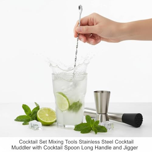 Image of finality Mojito Muddler Bar Tool Set, 3 PCS Cocktail Set Mixing Tools Stainless Steel Cocktail Muddler with Cocktail Spoon Long Handle and Jigger for Mojitos Fruit Drinks (Fork Spoon Set)