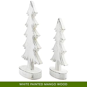 Auldhome design wooden christmas trees set of 2 distressed white tabletop handmade mango wood trees wrectangular base for holiday home decor  urban country home decor